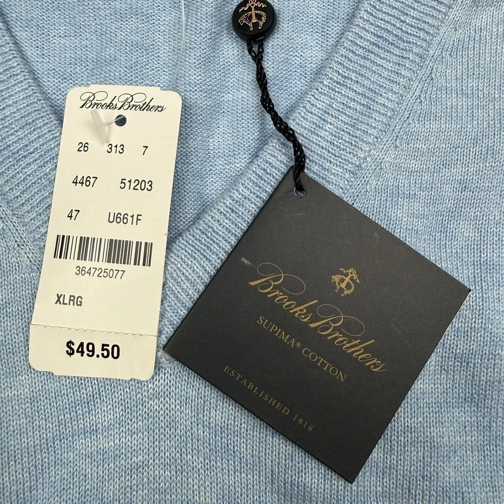 Brooks Brothers Sweater Vest Mens XL Blue Supima Cotton V Neck Knit Pullover NWT
